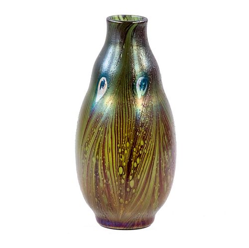 ART GLASS PEACOCK FEATHER VASE INCISED 'L.C.T.'