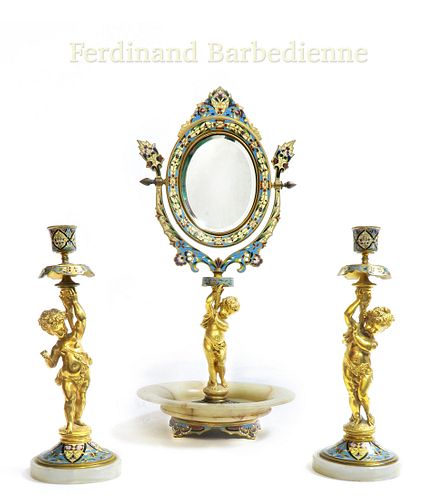 F. Barbedienne Champleve Figural Mirror W/Candle Sticks