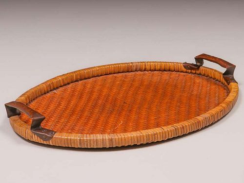 Dirk van Erp Hammered Copper Warty Handle Japanese Hand-Woven Basket Tray c1917-1920