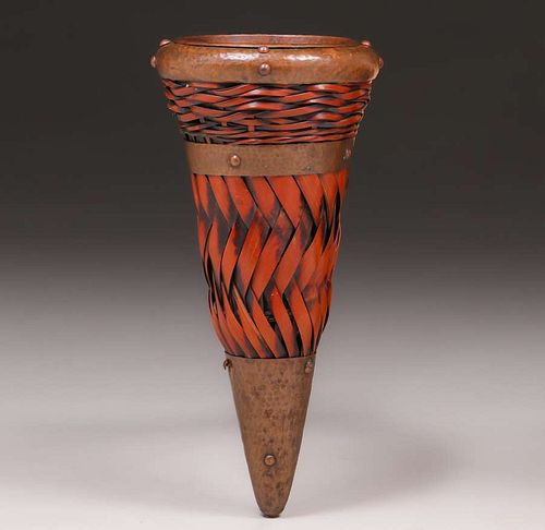 Dirk van Erp Hammered Copper Trimmed Conical Japanese Basket c1917-1920