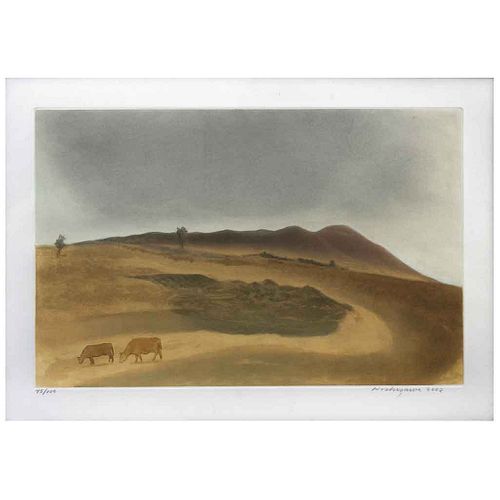 LUIS NISHIZAWA, Paisaje con vacas, Firmado y fechado 2002, Grabado al aguatinta 45/100, 36 x 55 cm