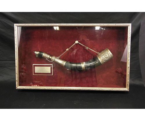 ANTIQUE HORN IN A SHADOW BOX