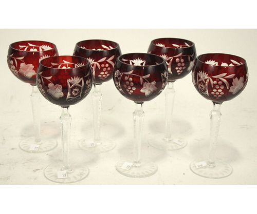 SET OF SIX RUBY CUT TO CLEAR WINE GOBLETS