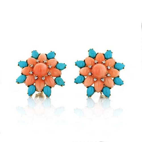 FLOWER 18K YELLOW GOLD CORAL, TURQUOISE AN DIAMOND