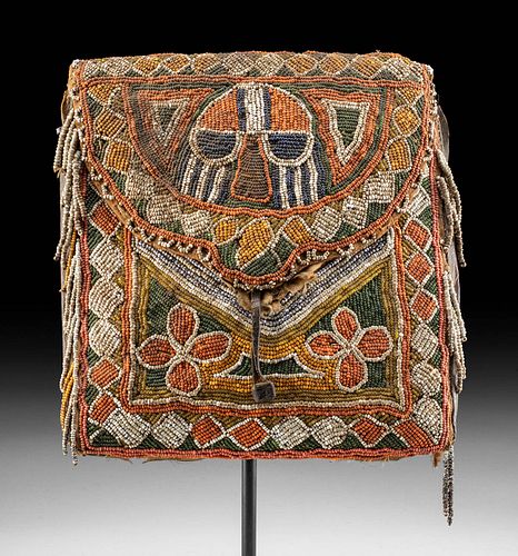 Early 20th C. Yoruba Beaded Leather & Burlap Bag