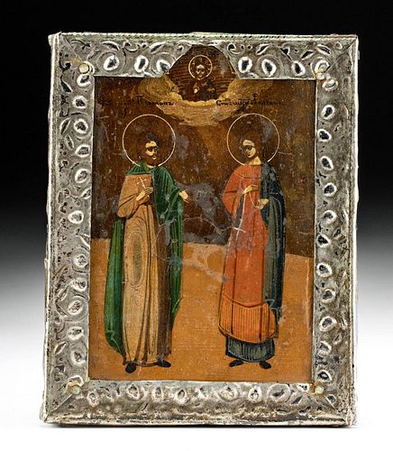 19th C. Russian Wood & Silvered Copper Icon of 2 Saints