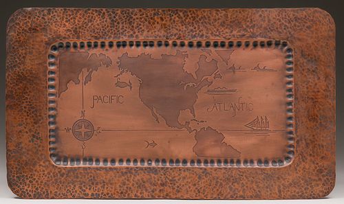 Hammered Copper Acid-Etched World Map Tray c1920s