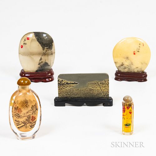 Two Chinese Interior-painted Snuff Bottles and Three Desktop Viewing Stones