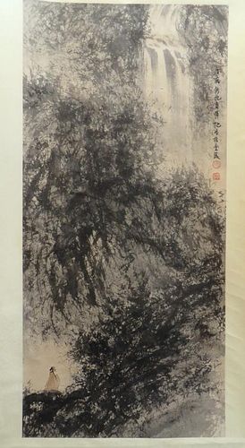 Chinese Watercolor Scroll: Elder Near A Waterfall