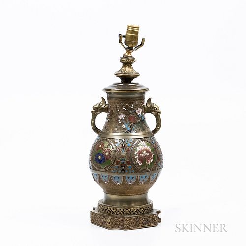 Asian-style Brass and Champleve Cloisonne Urn-form Table Lamp