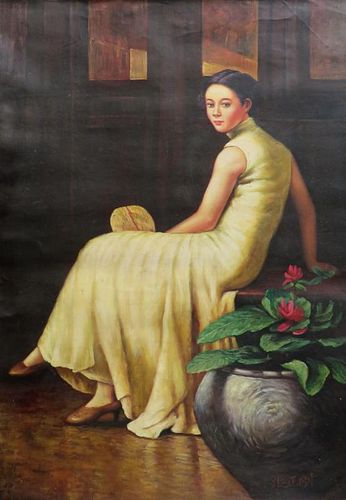 Oil On Canvas Of Chinese Woman In Yellow