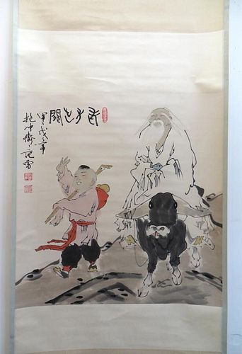 Chinese Watercolor Scroll: Boy & Scholar On A Yak