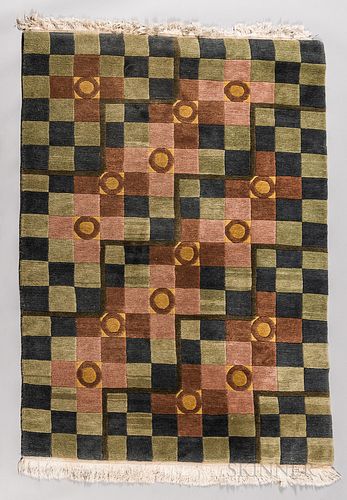 Green Checked Wool Area Rug