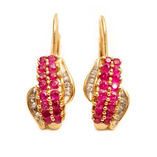 Earrings, GIA Contemporary 14k gold diamond and ruby lever back earrings