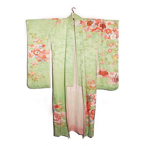 Japanese 1950s vintage handwoven silk satin furisode kimono, hand decorated