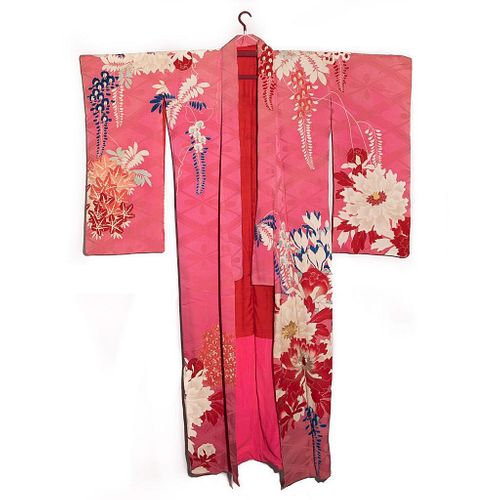 Japanese 1920's Japanese handwoven silk damask formal crested kimono, hand decorated