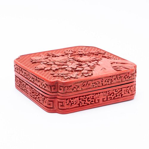 CHINESE LIDDED FLORAL CARVED SQUARE CINNABAR BOX
