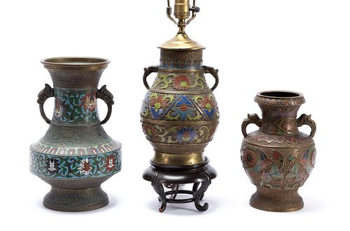 3 PCS, ASIAN CLOISONNE URNS, ONE MOUNTED AS LAMP