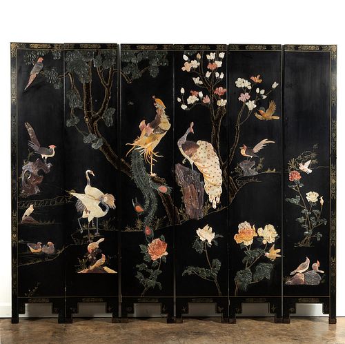 CHINESE SIX-PANEL LACQUER & HARDSTONE FLOOR SCREEN