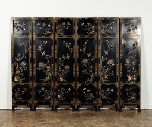 SIX-PANEL CHINESE SCREEN WITH HARDSTONE BIRDS