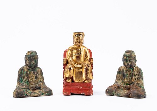 THREE ASIAN BUDDHA FIGURES, ONE GILTWOOD