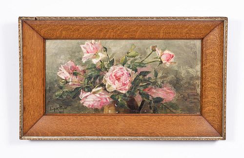 EDITH WHITE 1889 OIL, STILL LIFE OF PINK ROSES