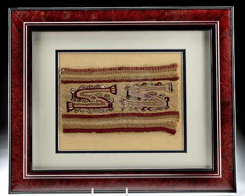 Framed Chancay Polychrome Textile Panel w/ Zoomorphs