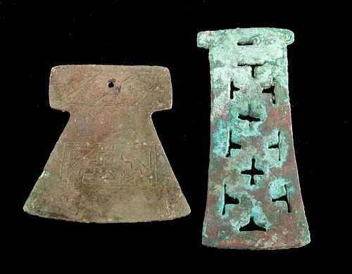 2 Inca Copper Tumis or Axe Blades w/ Etched Motifs