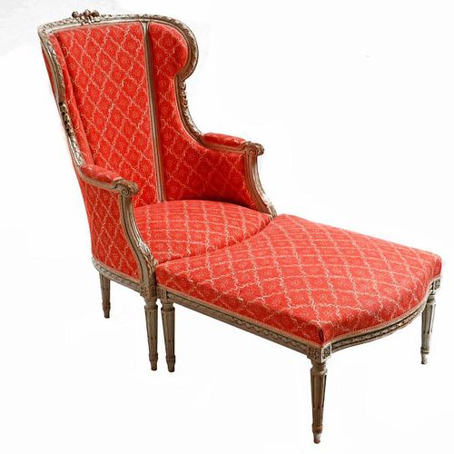 Louis XV Style Upholstered Wing Chair and Ottoman