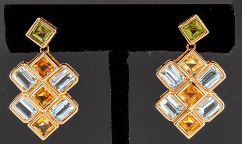 14K Gold Aquamarine, Citrine & Peridot Earrings