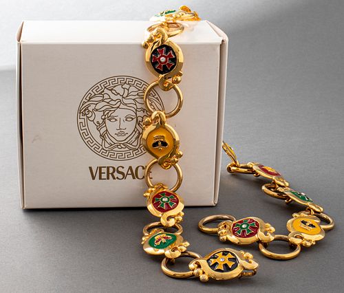 Versace Gold-Tone Enamel Medallion And Link Belt