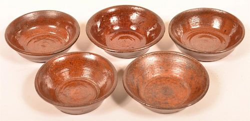 5 PA Glazed Redware Pottery Sauce Dishes.