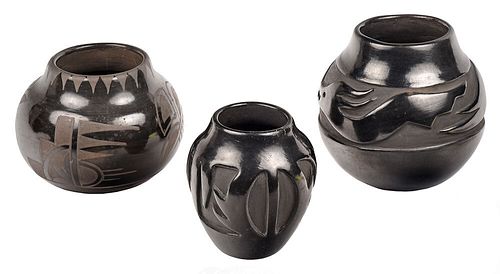 Three Signed Santa Clara Blackware Pots