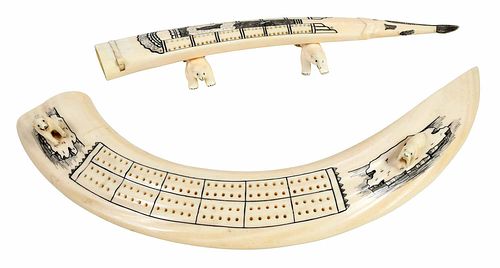Two Inuit Carved Marine Ivory Cribbage Boards