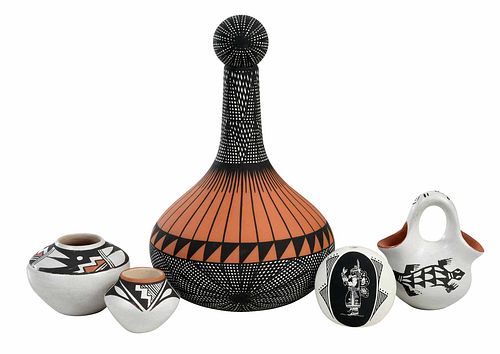 Five Acoma and Isleta Decorated Pots