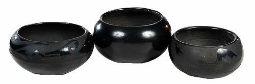 Three Blackware Pots, One Signed Rosalie 
