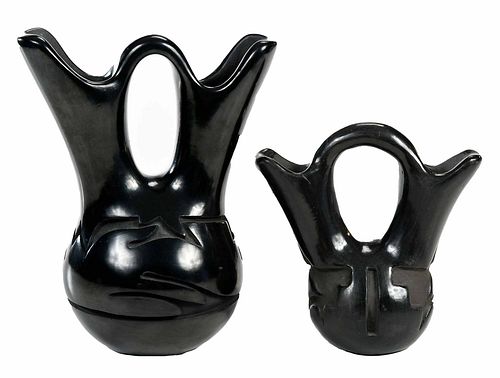 Two Blackware Carved Wedding Vases 