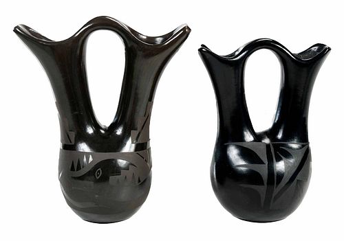 Two Santa Clara Blackware Wedding Vases