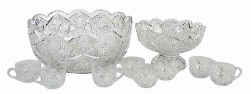 Cut Glass Punch Bowl and Stand, Eight Cups
