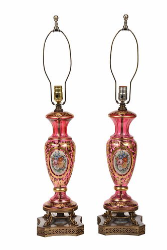 Pair of Bohemian Style Cranberry Glass Lamps 