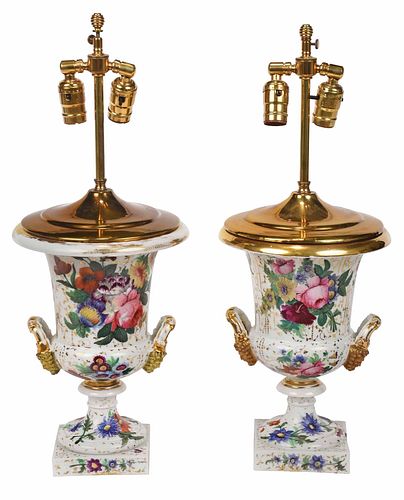 Pair Porcelain Floral and Gilt Decorated Lamps