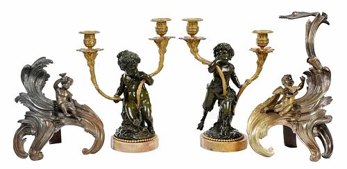 Pairs of Bronze Figural Candelabra and Chenets