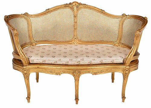 Louis XV Style Carved, Gilt, and Caned Settee