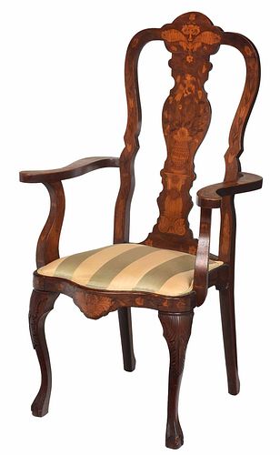 Dutch Marquetry Carved Inlaid Mahogany Armchair
