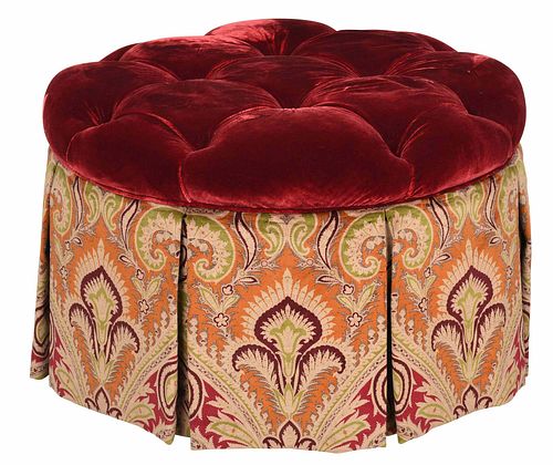 Tufted Red Velvet Paisley Upholstered Ottoman