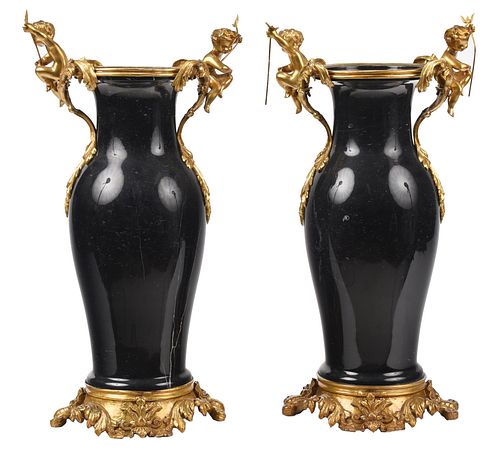 Pair Stone and Gilt Bronze Mounted Floor Vases