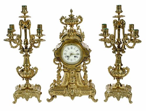 French Gilt Bronze Mantel Clock Garniture 