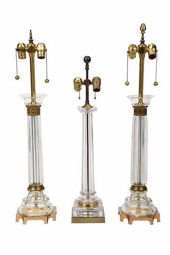 Group of Three Glass Column Form Table Lamps