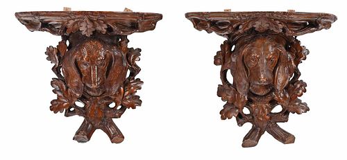 Pair Black Forest Carved Dachshund Wall Brackets
