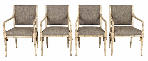 Four Regency Style Painted Faux Bamboo Armchairs
